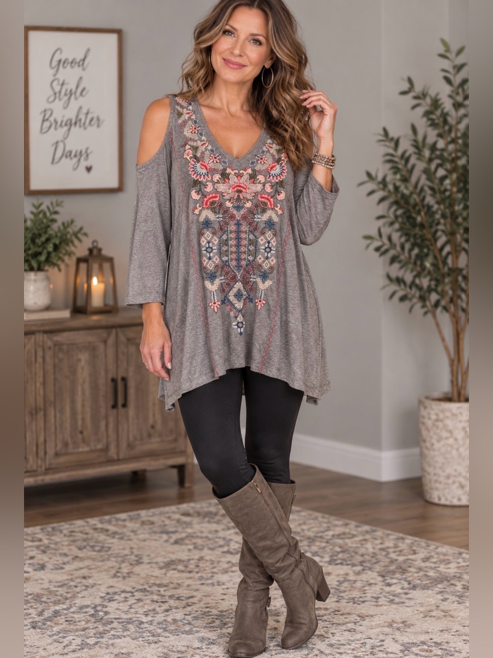 Johnny Was Tunic Heavily Embroidered Cold-Shoulder V-Neck Tunic Top Gray